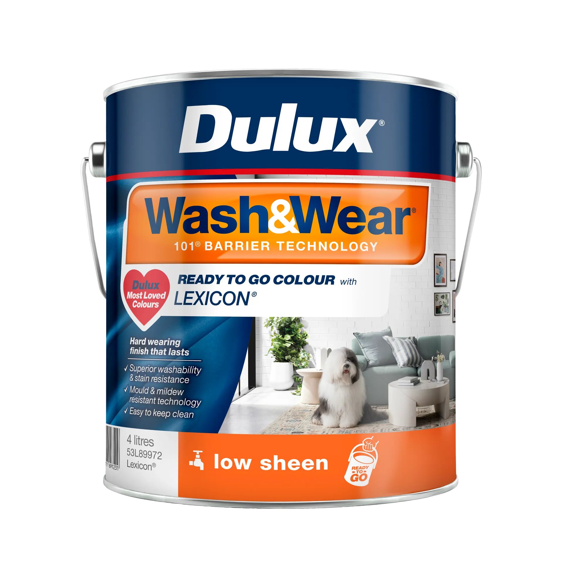 53L899724L_01_01_db4cb5778b574bfc30ddc3066a8cf5cfca8fb2f2_TDG220033_Dulux_W_W_Pre_Tint_Low_Sheen_Lexicon_4L Dulux® Wash&Wear® Low Sheen Paint Lexicon