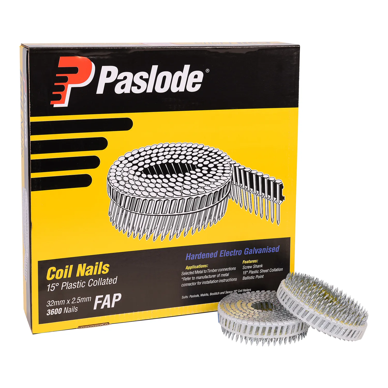 Paslode® Screw Shank Coil Nails 15° Plastic Collated Electro Galvanised
