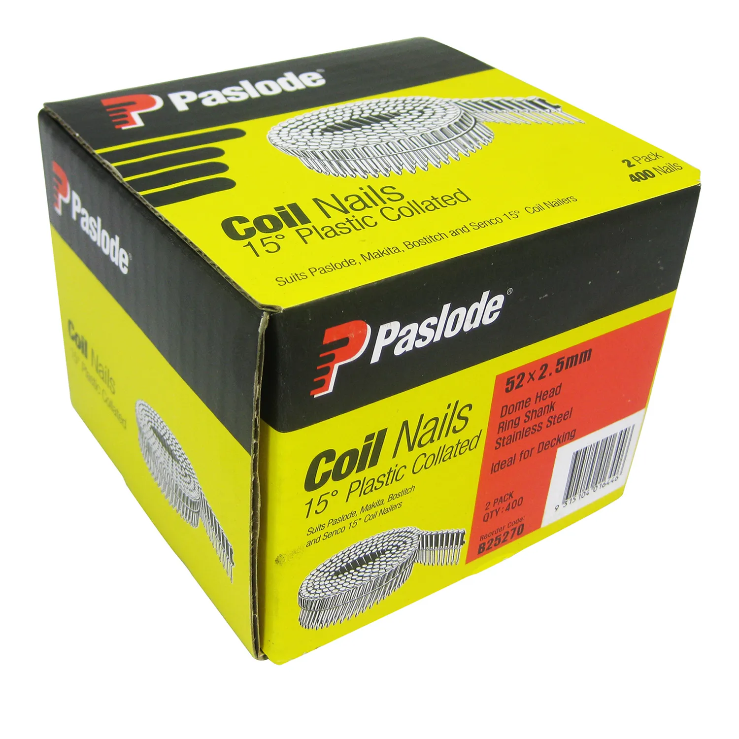 B25270_01_01_0cc1438051404e146bf193aab525315069f353e5_B25270_coilnails_large Paslode® Ring Shank Coil Nails Dome Head 15° Plastic Collated Stainless Steel