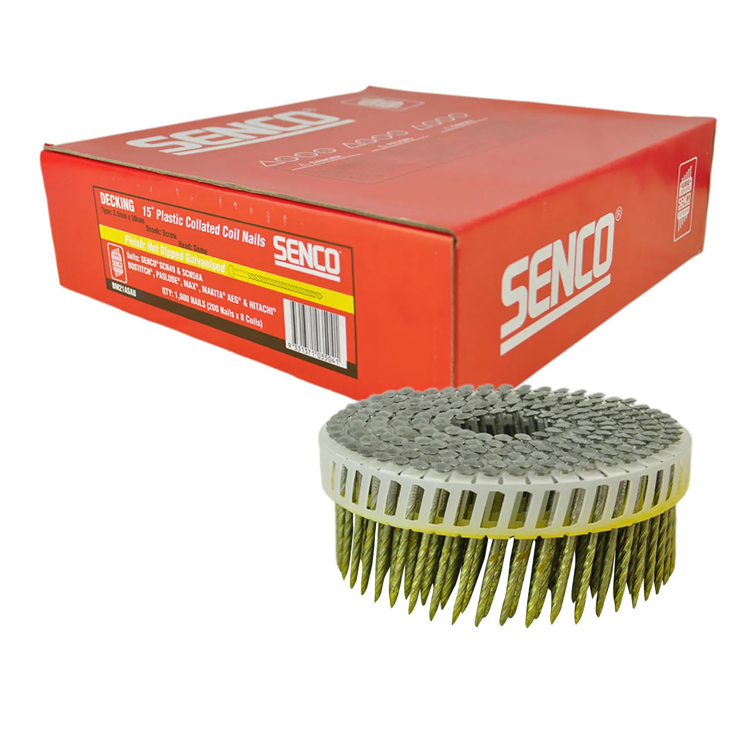 Senco® Screw Shank Coil Nails Dome Head 15° Plastic Collated Galvanised