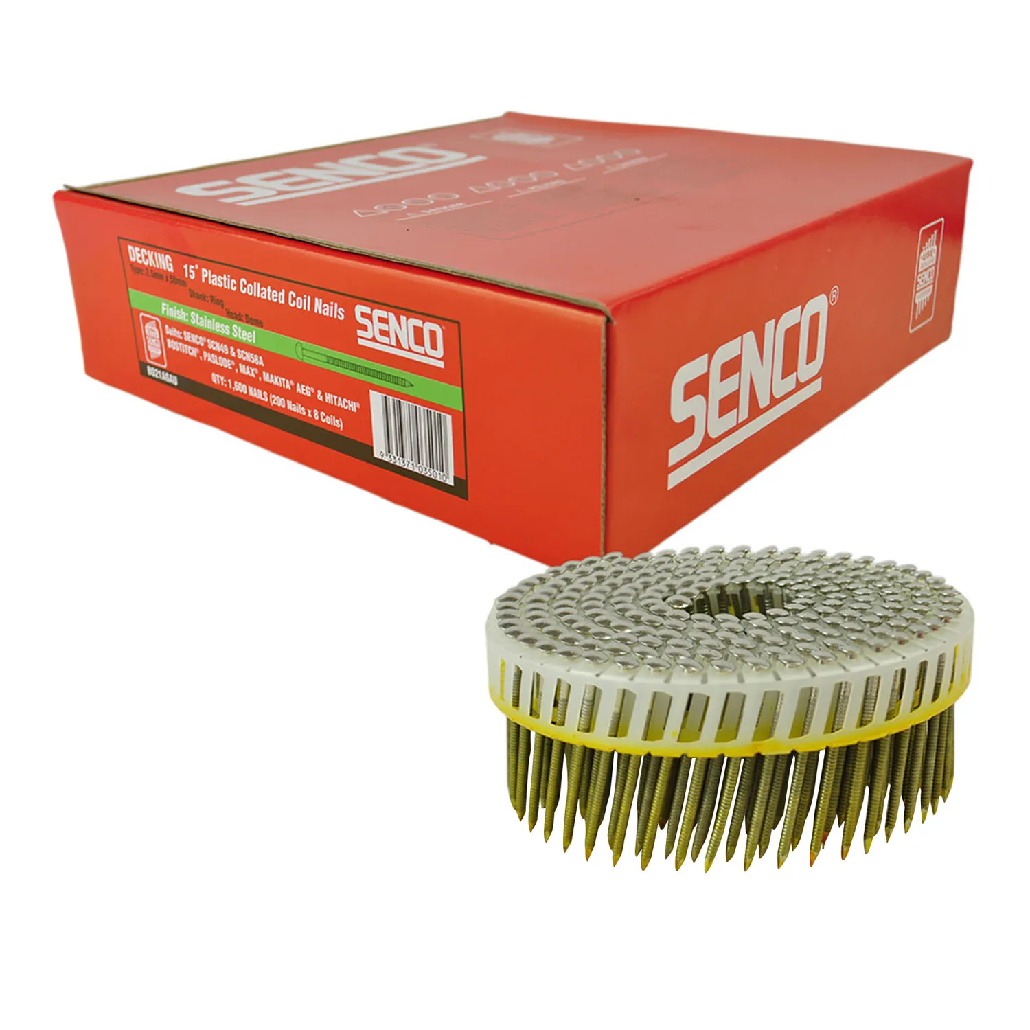 BO21AGAU_01_01_a9ba2f7e4a564052b43d4914c76ae7ca730469ba_BO21AGAU_1 Senco® Ring Shank Coil Nails Dome Head 15° Plastic Collated Stainless Steel