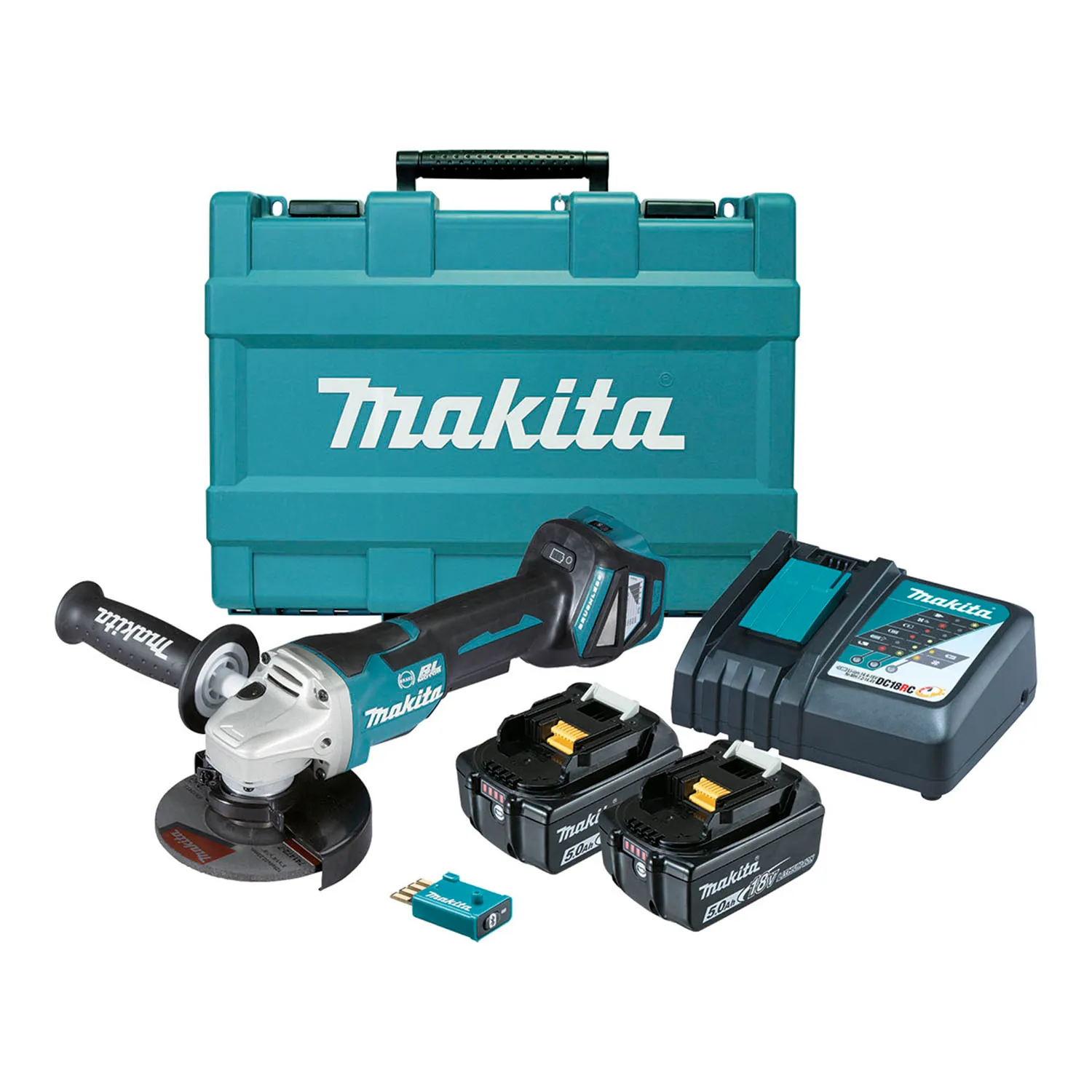 Makita® DGA518RTEU 18V Brushless AWS Angle Grinder Kit With Paddle Switch