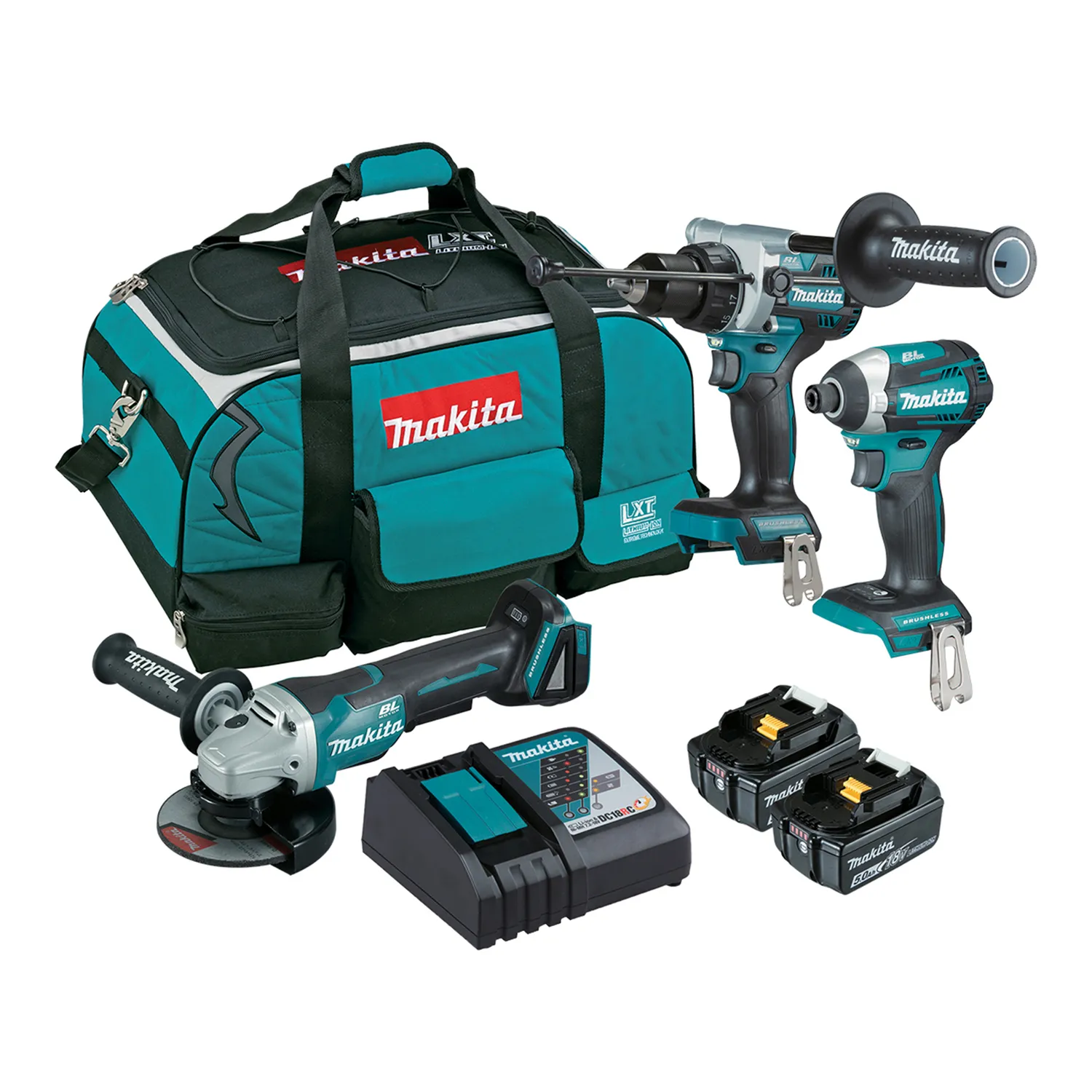 Makita® DLX3146TX1 18V Brushless Hammer Driver Drill, Impact Driver, Angle Grinder Kit