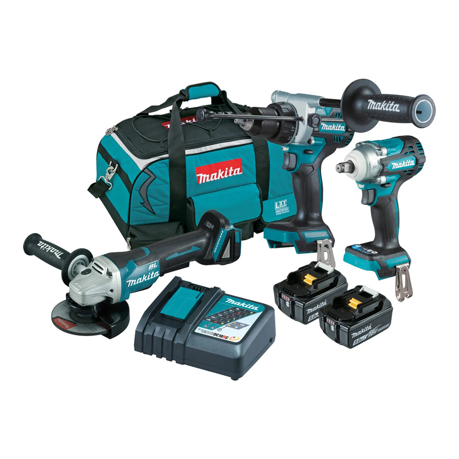 DLX3150TX1_01_01_f08995d7bc77ec40796e7d173535c67357e79320_DLX3150TX1 Makita® DLX3150TX1 18V Brushless Hammer Driver Drill, Impact Wrench, Angle Grinder Kit