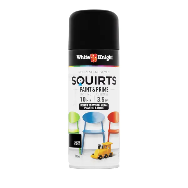 White Knight® Squirts Paint & Prime Acrylic Enamel Spray Paint Satin Black 310g Bowens