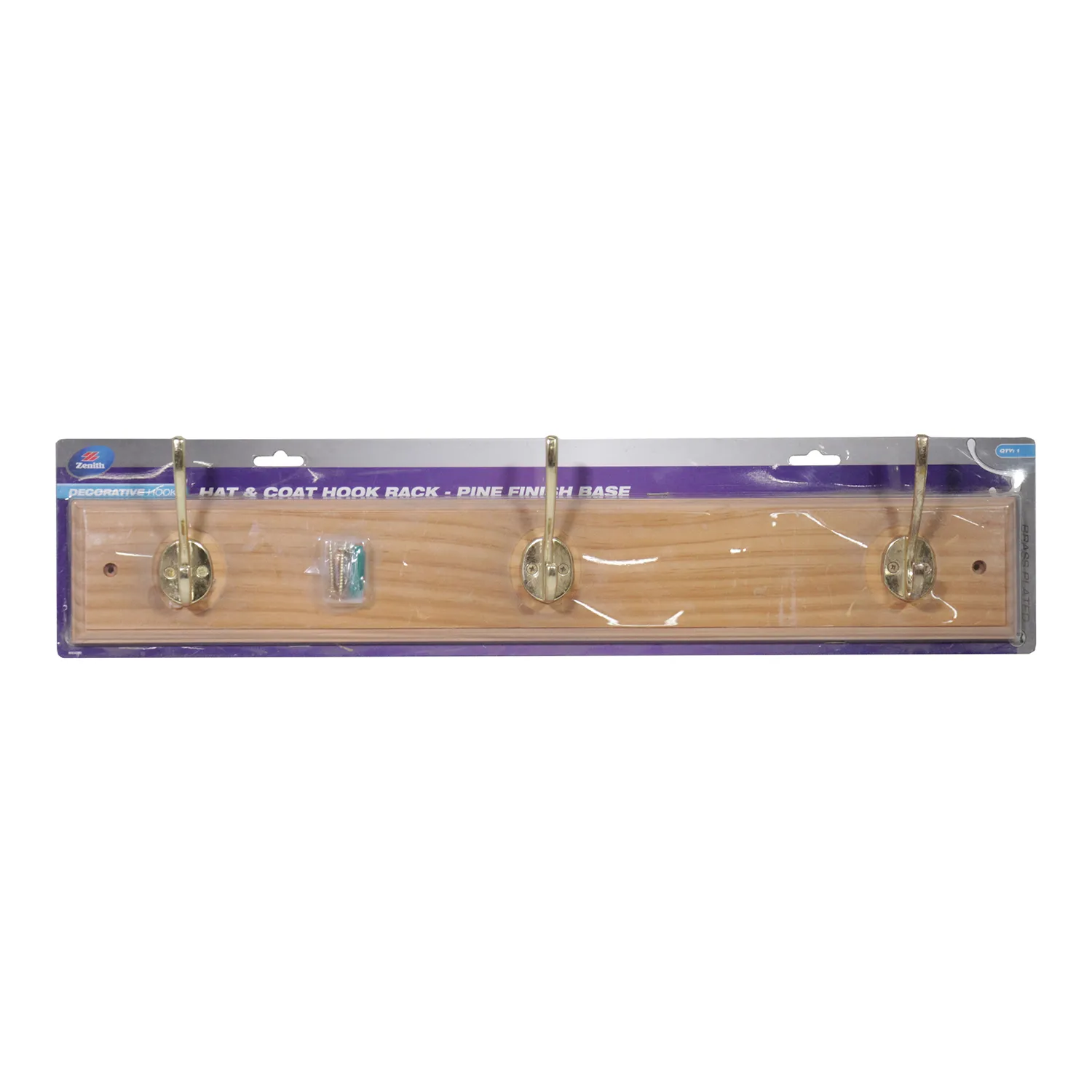 Zenith® Triple Hat & Coat Rack Brass Hooks on Pine