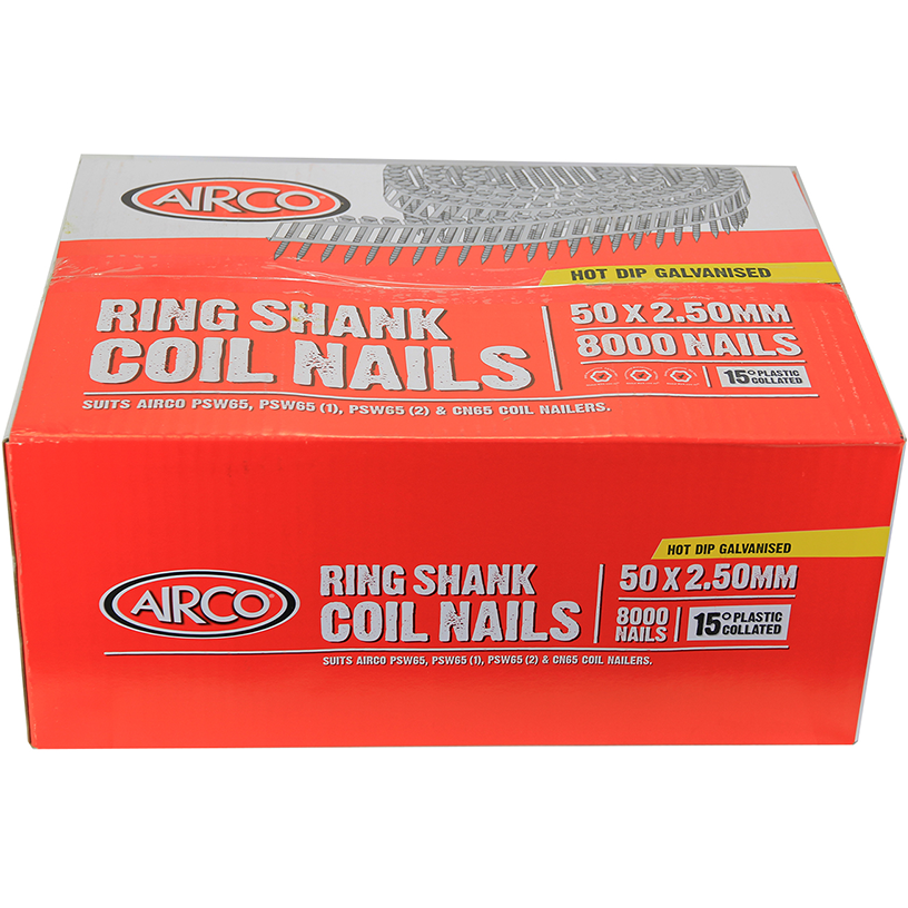 Airco® Ring Shank Nails 15° Plastic Collated Coil Galvanised Bowens